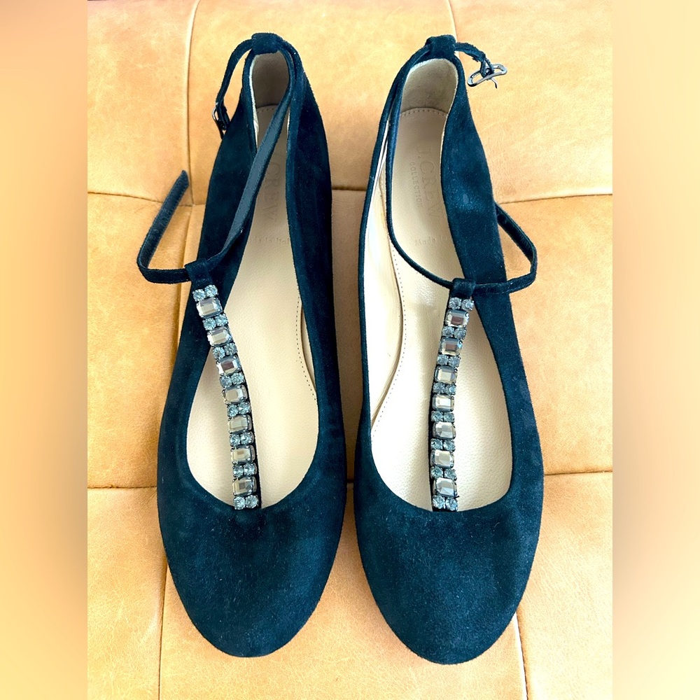 J. Crew Black Suede Flats with Embellished Strap